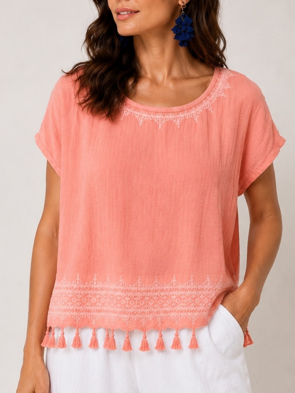 Roller Rabbit Lalla Coral Pink Embroidered Tassel Cotton Gauze Top XS